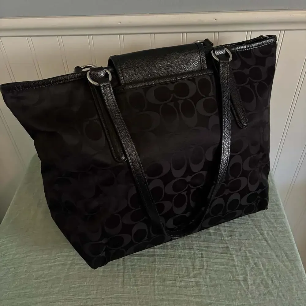 Coach Black Signature C Nylon Tote with Leather Trim and Flap Pocket